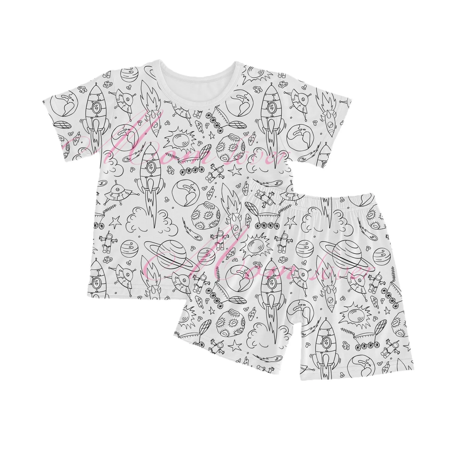 children's cotton ammonia DIY graffiti pajama set with pullover top and shorts in cartoon pattern