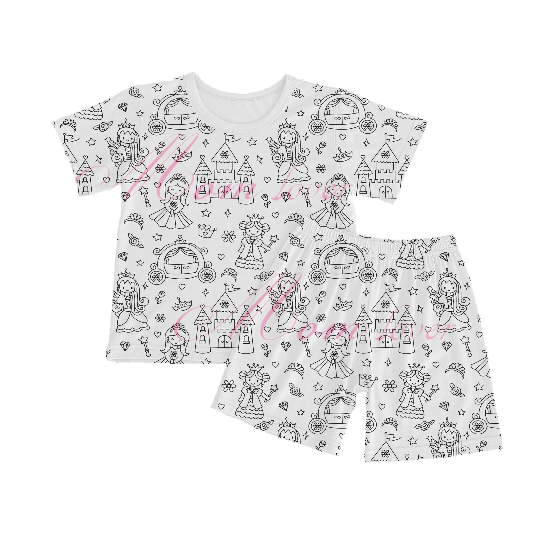 children's cotton ammonia DIY graffiti pajama set with pullover top and shorts in cartoon pattern