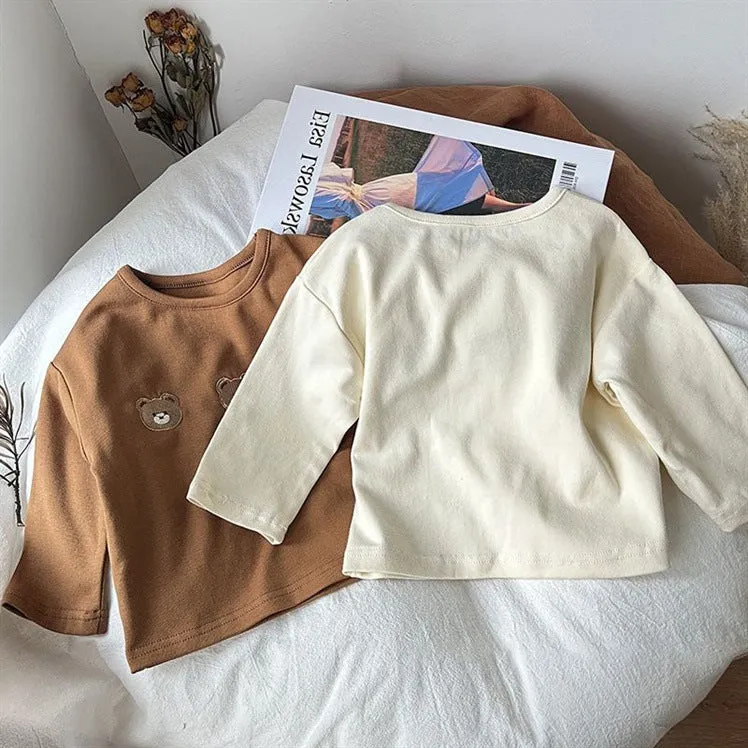 Baby girls' long-sleeved cotton T-shirt bottoming shirt in apricot cartoon print, size 80-120