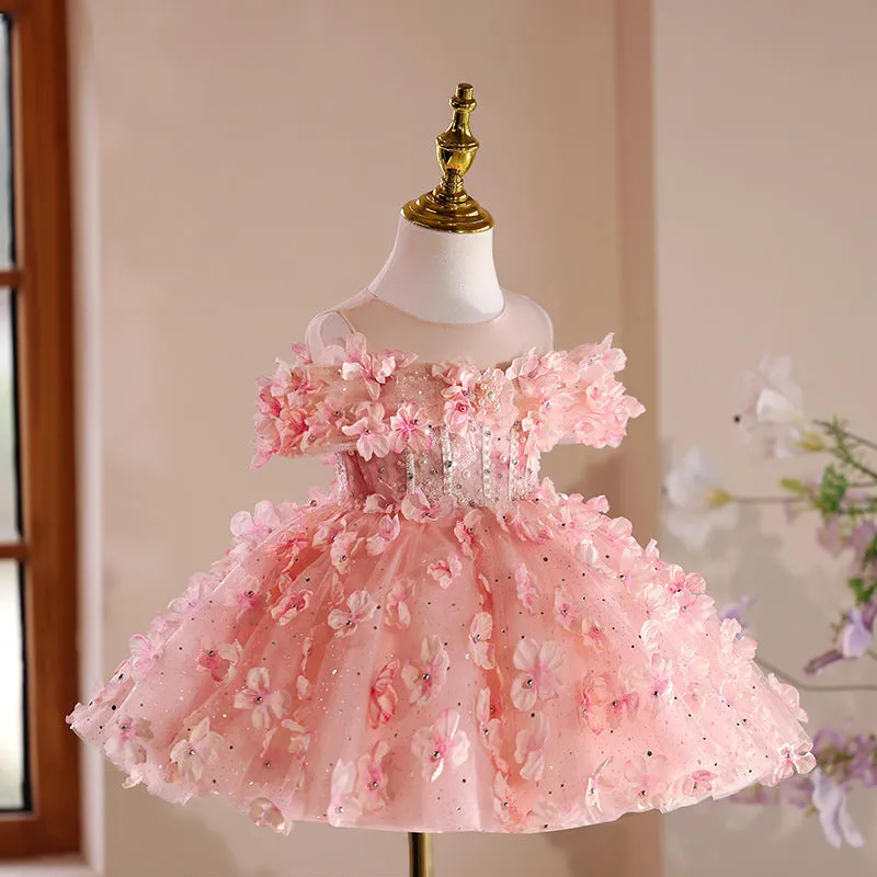 Pink girls' princess pettiskirt in polyester fibre with full layered skirt for 80-150cm height
