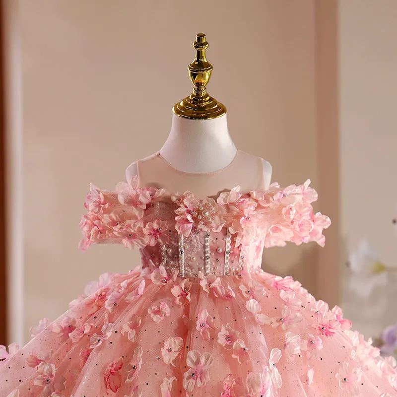 Pink girls' princess pettiskirt in polyester fibre with full layered skirt for 80-150cm height
