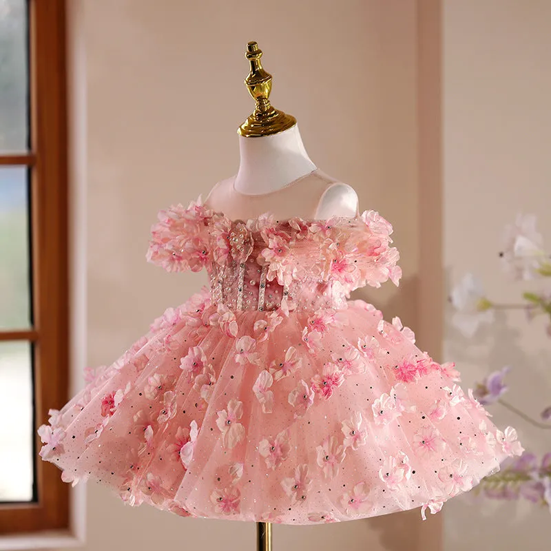 Pink girls' princess pettiskirt in polyester fibre with full layered skirt for 80-150cm height