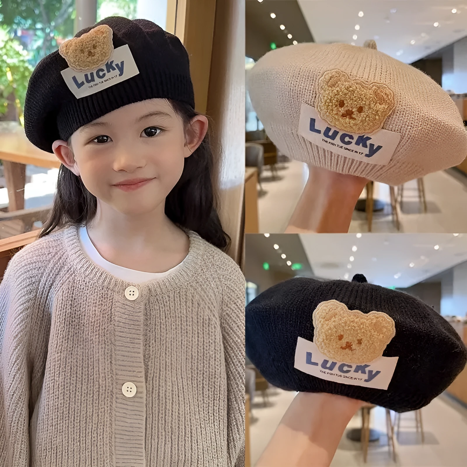 Children's thermal knitting acrylic beret in beige for ages 3 months to 4 years