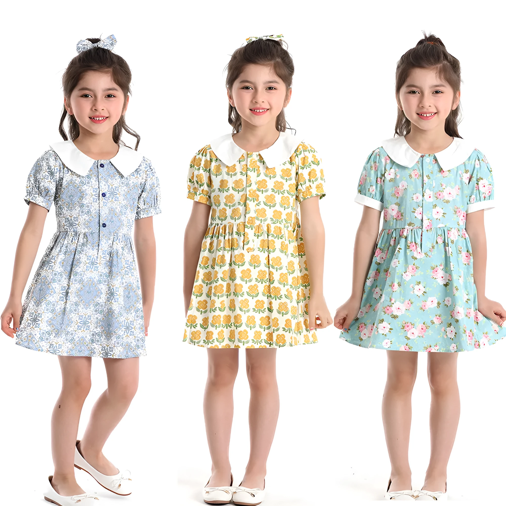 Cotton princess dress with puff short sleeves and straw hat in plaid pattern for girls summer