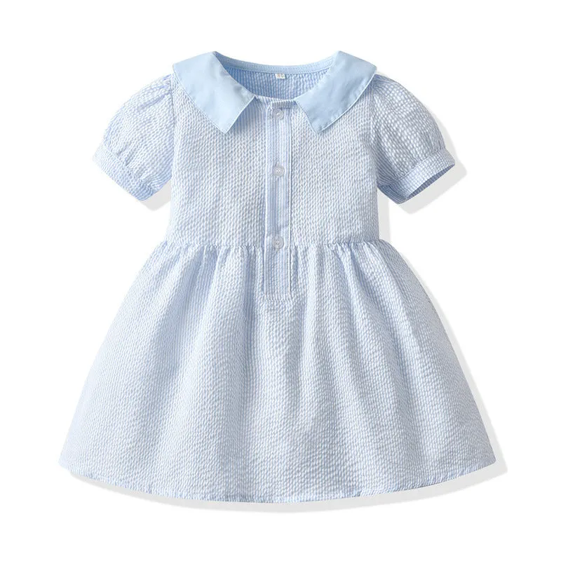 Cotton princess dress with puff short sleeves and straw hat in plaid pattern for girls summer