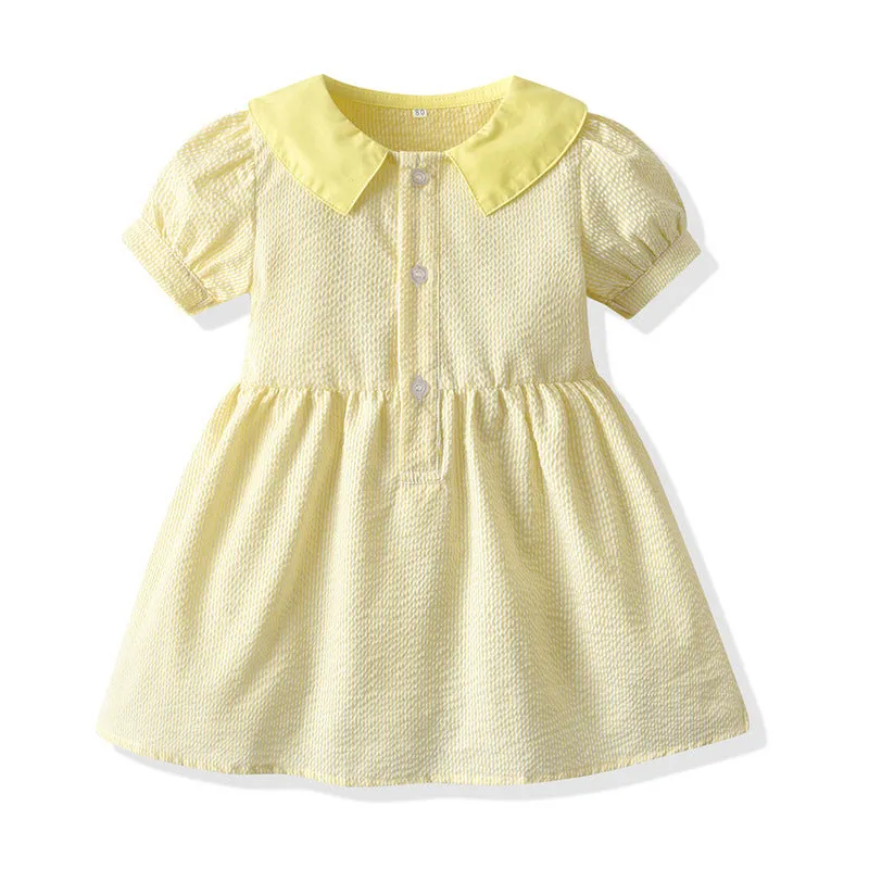 Cotton princess dress with puff short sleeves and straw hat in plaid pattern for girls summer