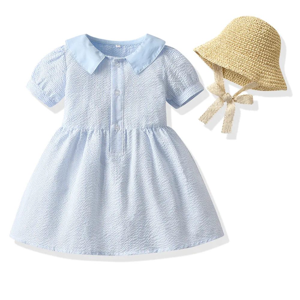 Cotton princess dress with puff short sleeves and straw hat in plaid pattern for girls summer