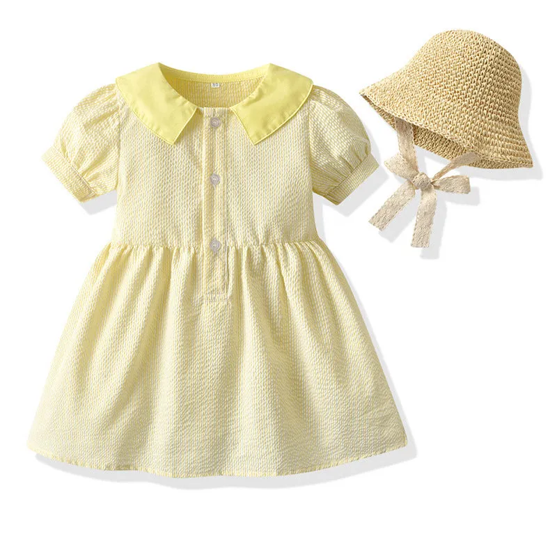 Cotton princess dress with puff short sleeves and straw hat in plaid pattern for girls summer