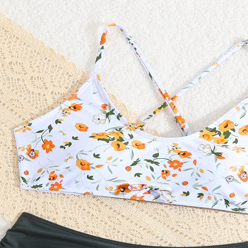 Girls floral print swimsuit set with top and briefs, white background, polyester spandex, sizes 13-16 years