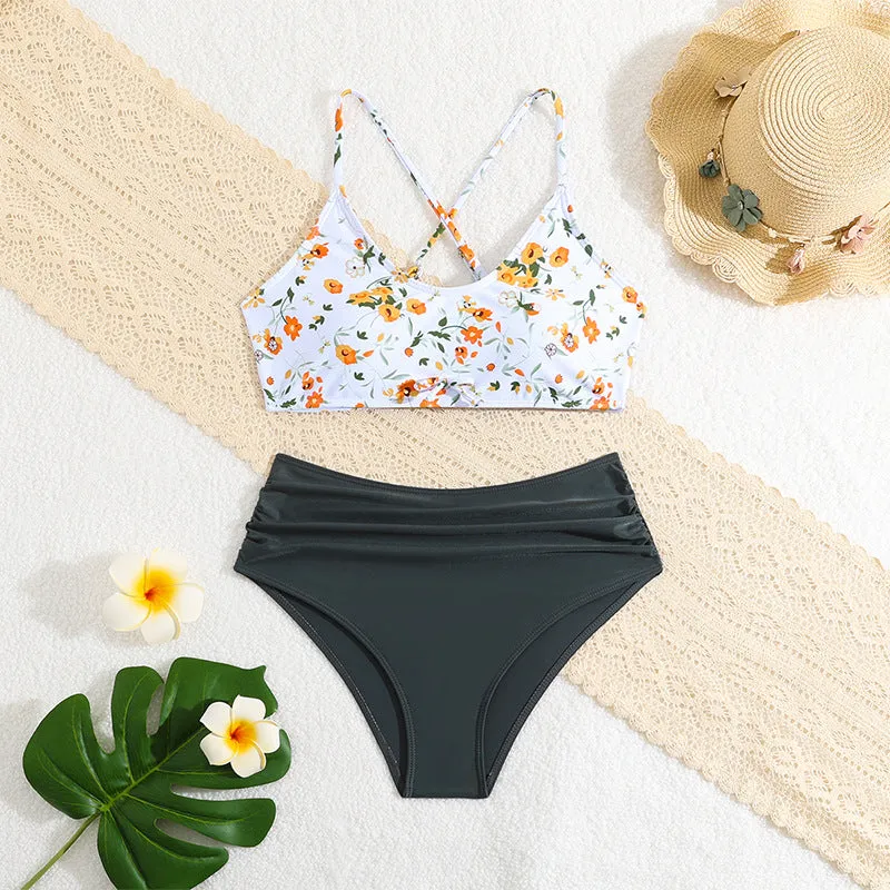 Girls floral print swimsuit set with top and briefs, white background, polyester spandex, sizes 13-16 years