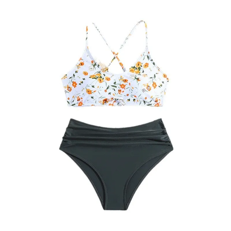 Girls floral print swimsuit set with top and briefs, white background, polyester spandex, sizes 13-16 years