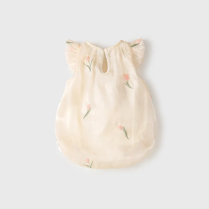 Baby girl thin polyester triangle jumpsuit in apricot colour, sleeveless pullover style