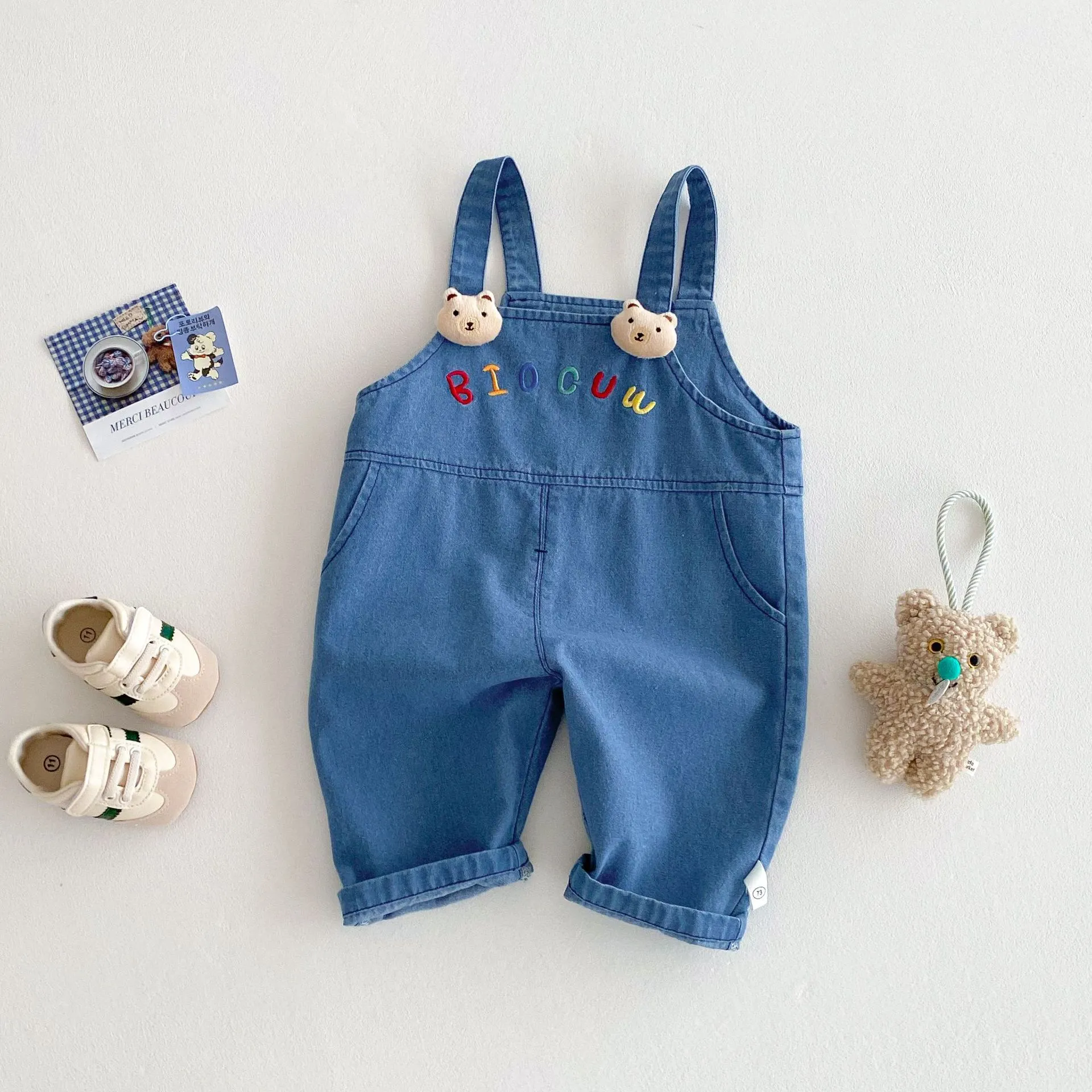 Children's cotton suspender jeans overalls in almond beige for girls, mid-waist style