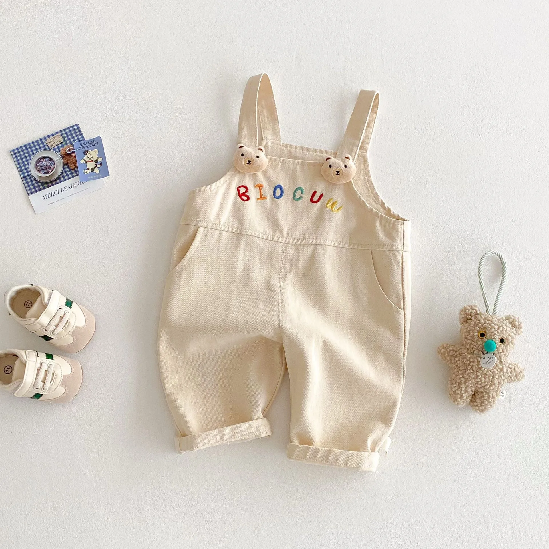 Children's cotton suspender jeans overalls in almond beige for girls, mid-waist style
