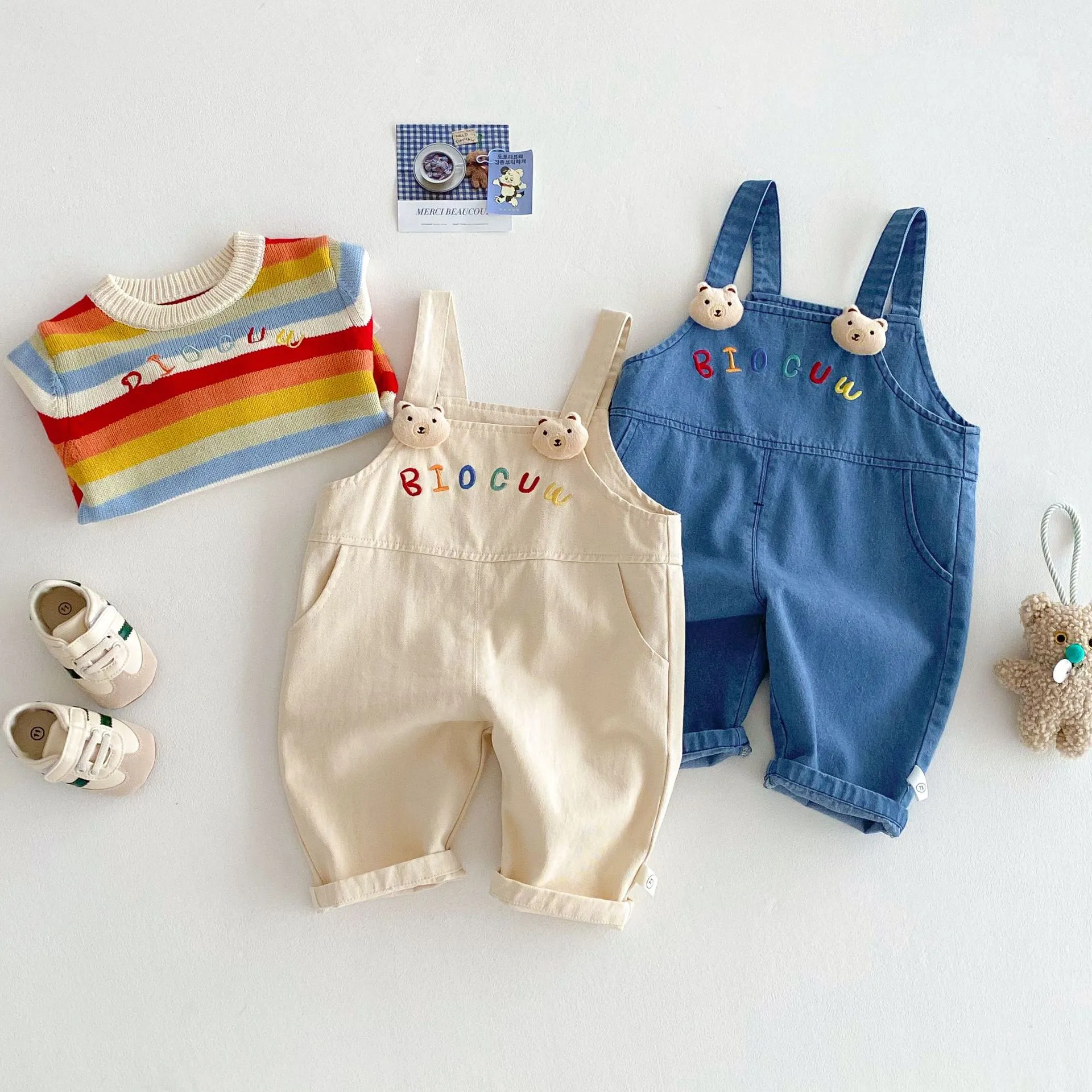 Children's cotton suspender jeans overalls in almond beige for girls, mid-waist style