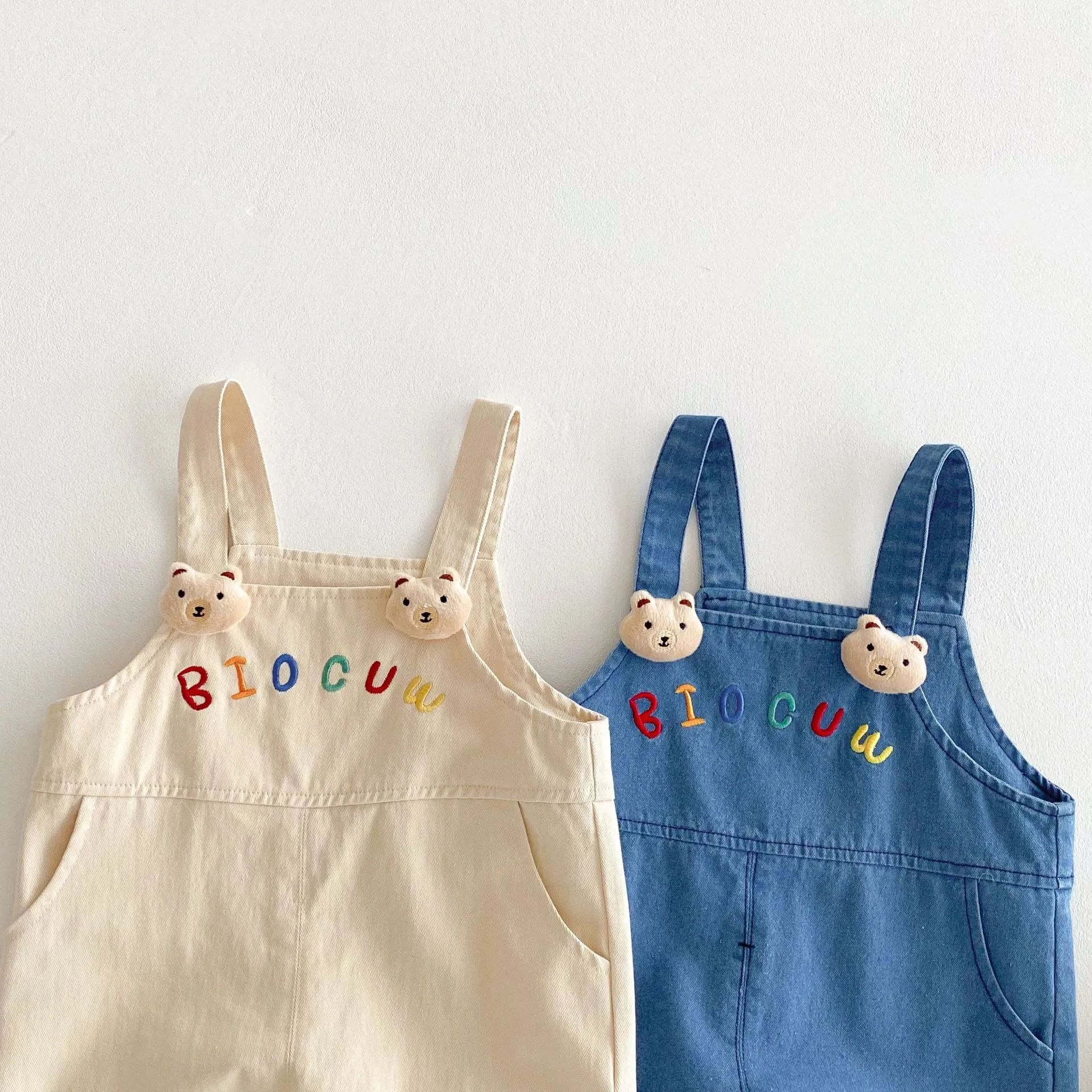 Children's cotton suspender jeans overalls in almond beige for girls, mid-waist style