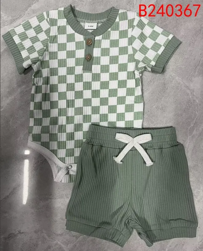 Baby two-piece cotton rompers set with polo collar and plaid triangle in green, blue, brown, black for 0-18 months