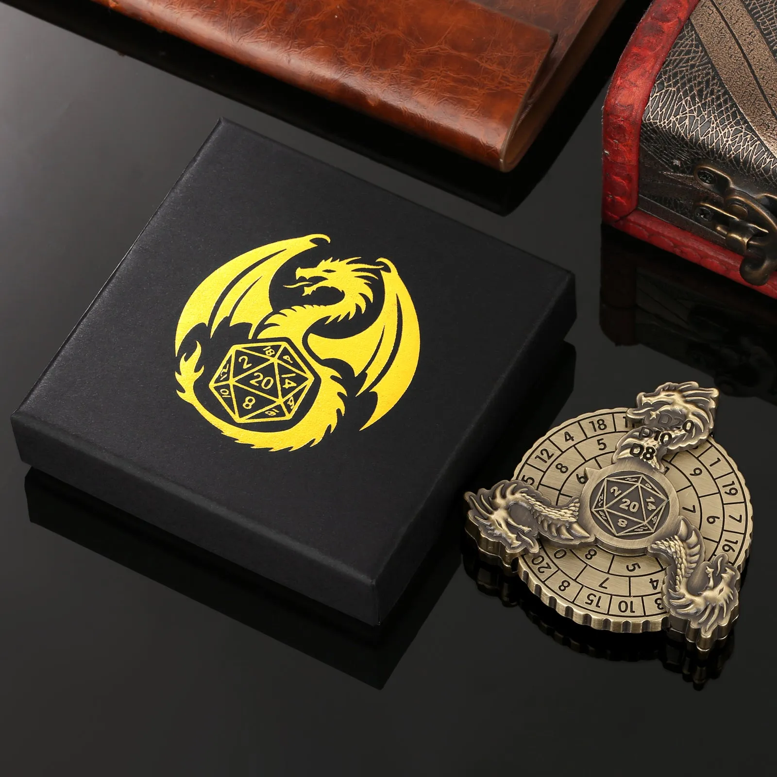 Retro fantasy turntable dice gift box set in bronze finish with circular scale design and multi-faceted RPG dice