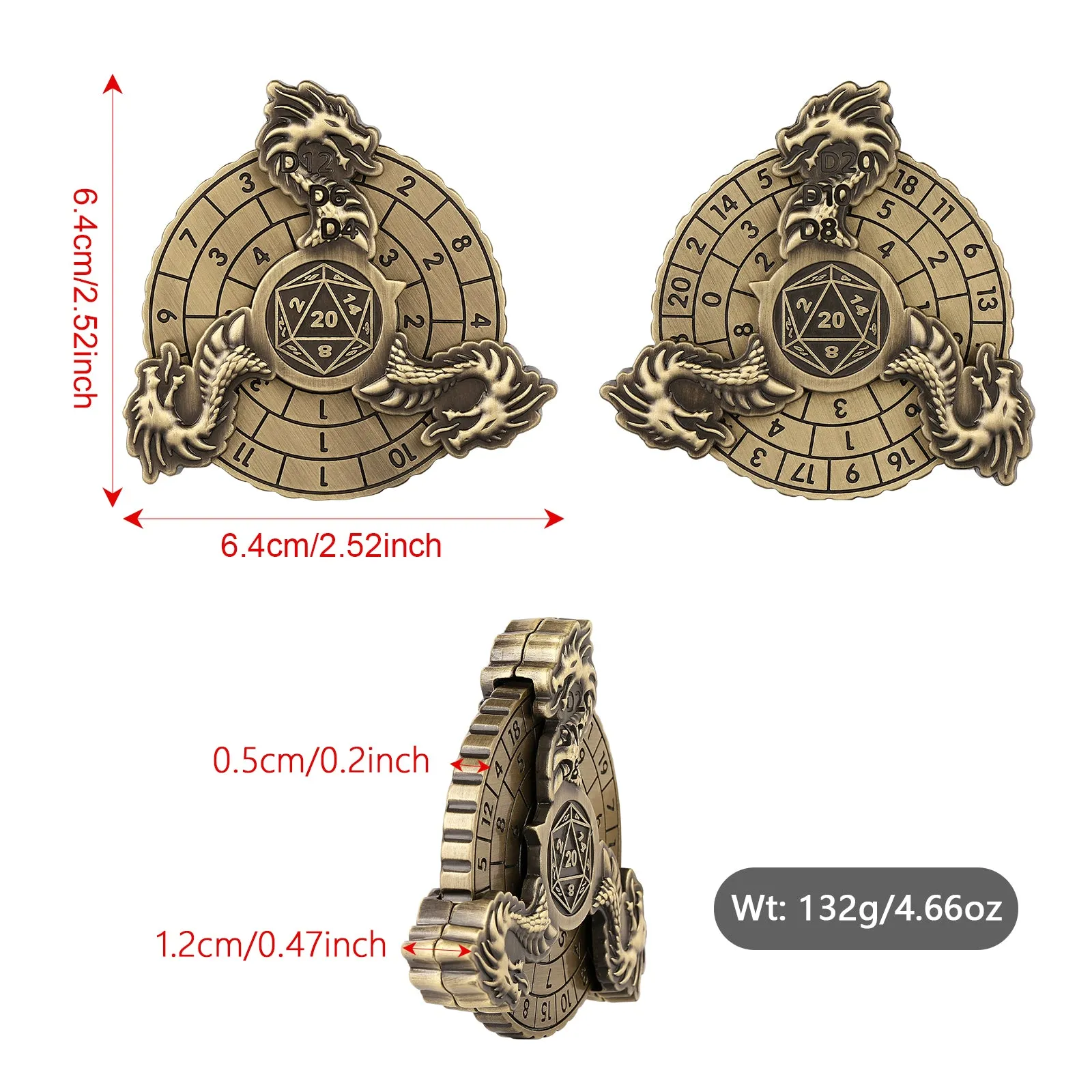 Retro fantasy turntable dice gift box set in bronze finish with circular scale design and multi-faceted RPG dice