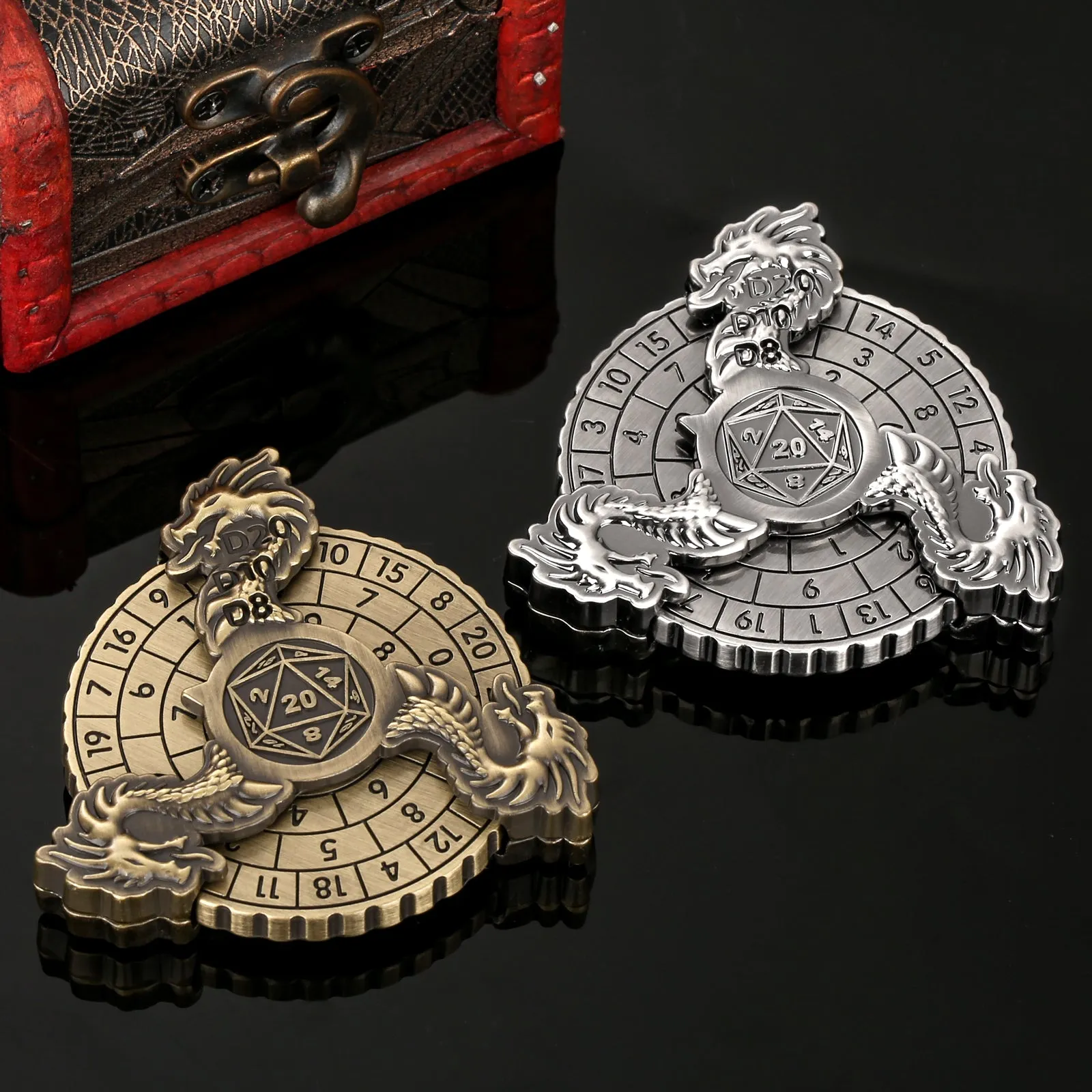 Retro fantasy turntable dice gift box set in bronze finish with circular scale design and multi-faceted RPG dice
