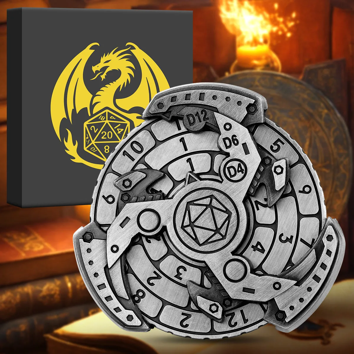 Wind And Fire Wheel DND dice wheel gift box set in bronze zinc alloy with retro compass design