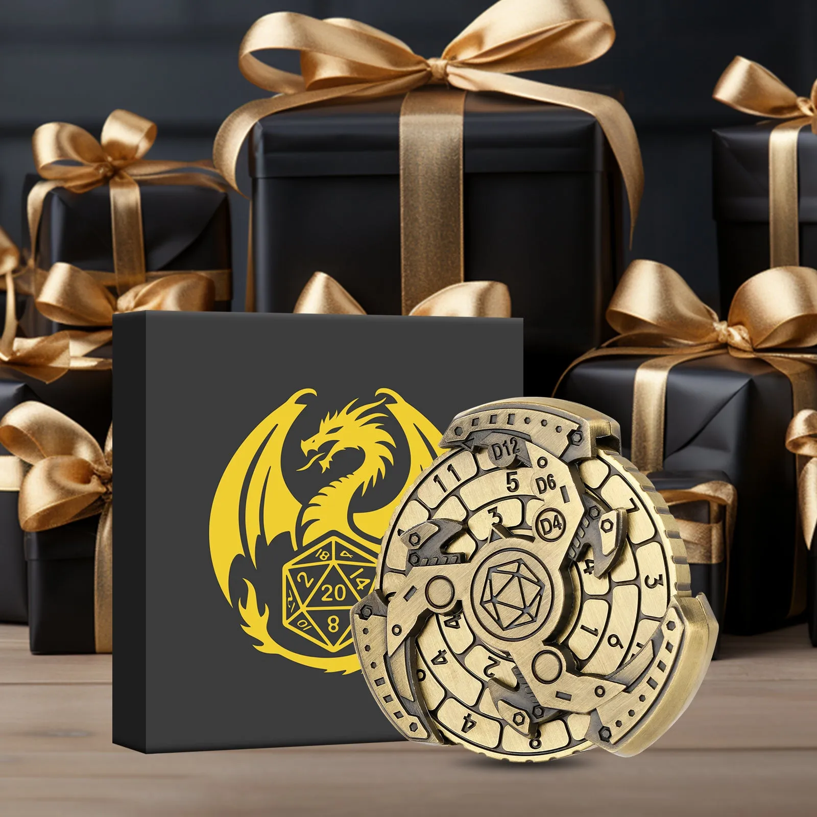 Wind And Fire Wheel DND dice wheel gift box set in bronze zinc alloy with retro compass design