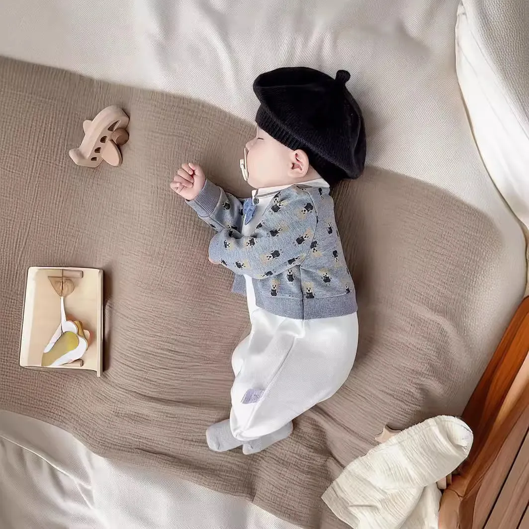 Baby romper spring autumn cotton jumpsuit cardigan fake two pieces long sleeve climbing style suitable height 66cm 73cm 80cm 90cm
