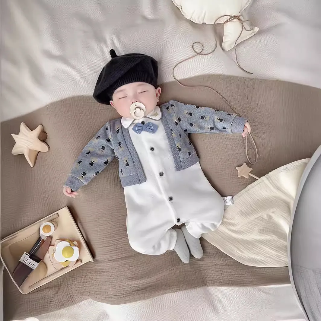Baby romper spring autumn cotton jumpsuit cardigan fake two pieces long sleeve climbing style suitable height 66cm 73cm 80cm 90cm