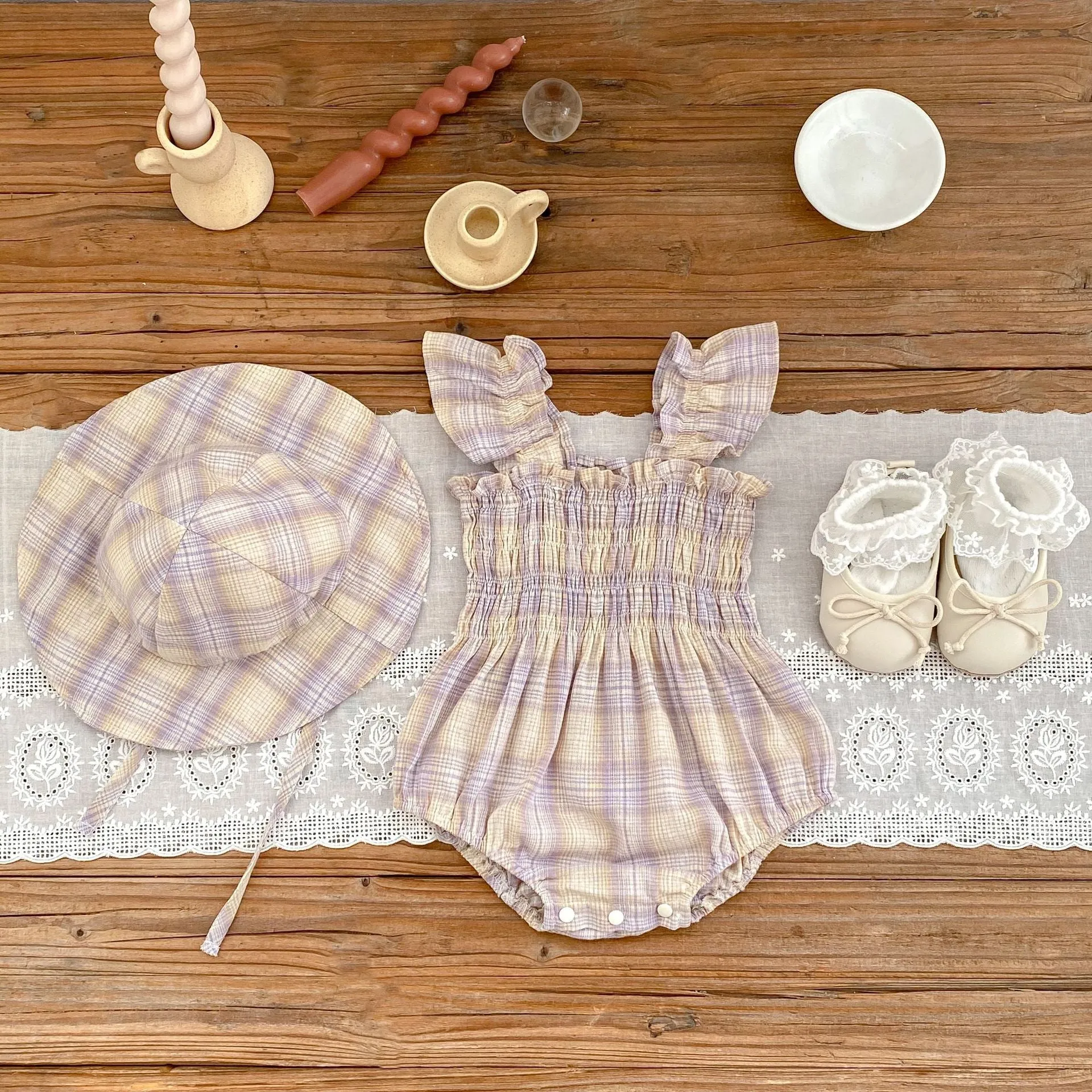 Baby girl cotton plaid onesie with matching hat in pink, triangle jumpsuit style