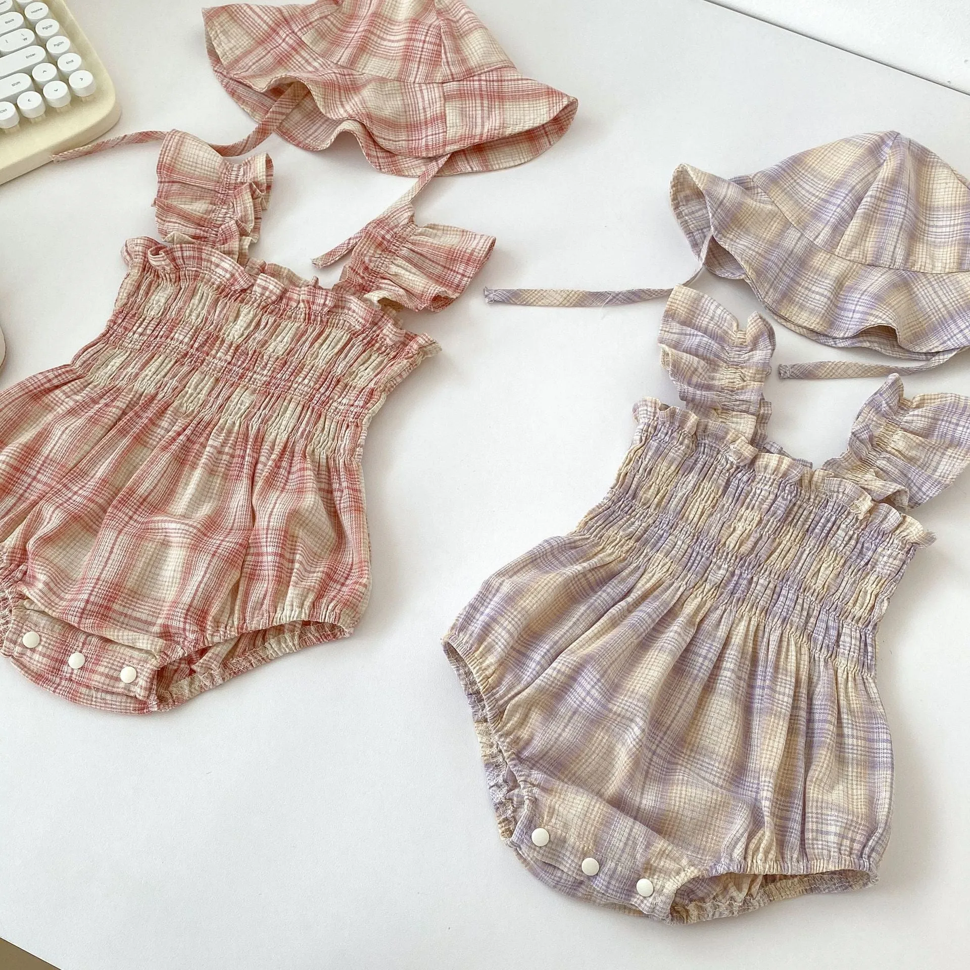Baby girl cotton plaid onesie with matching hat in pink, triangle jumpsuit style