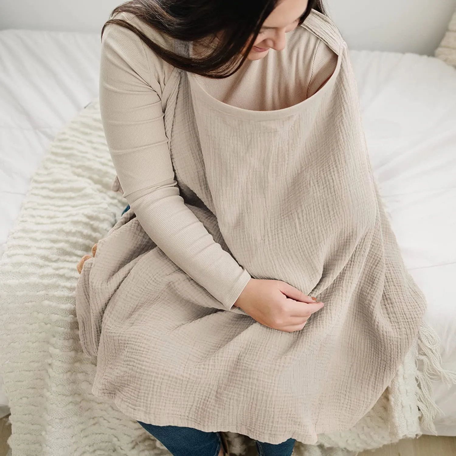 Breathable muslin nursing cover with rigid hoop for breastfeeding privacy
