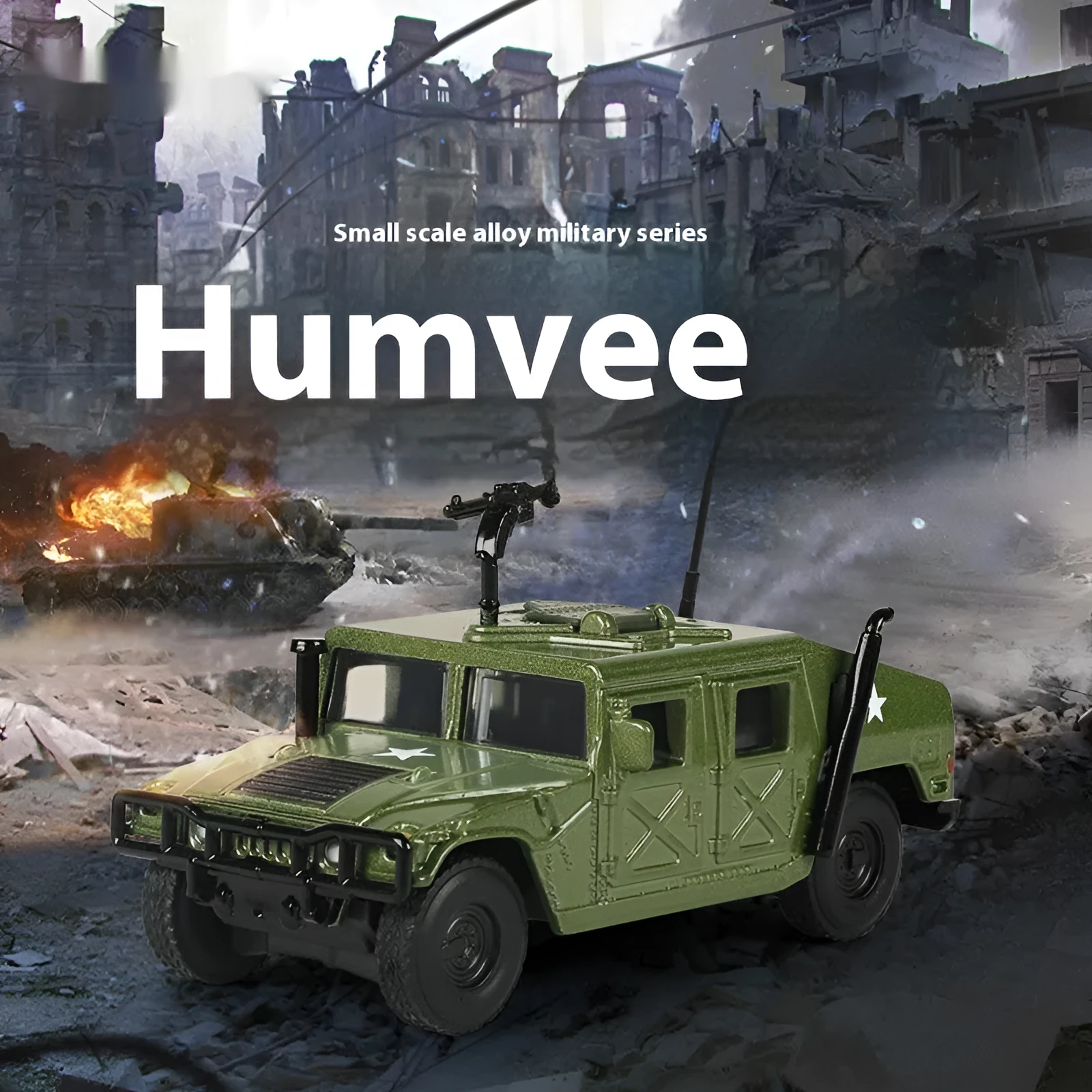 1/64 scale alloy Hummer battlefield vehicle model toy in colour box packaging