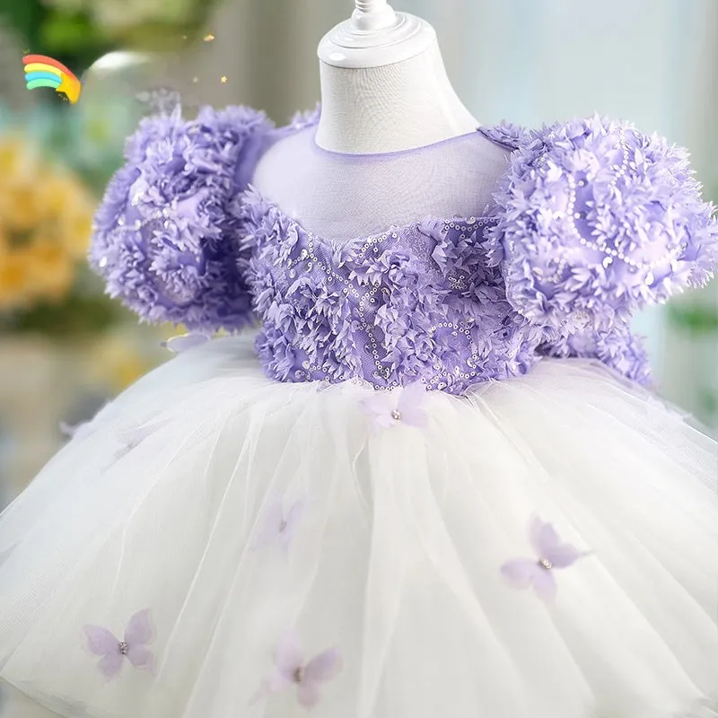 Purple girls tulle piano performance dress with sleeveless design for heights 80-160cm