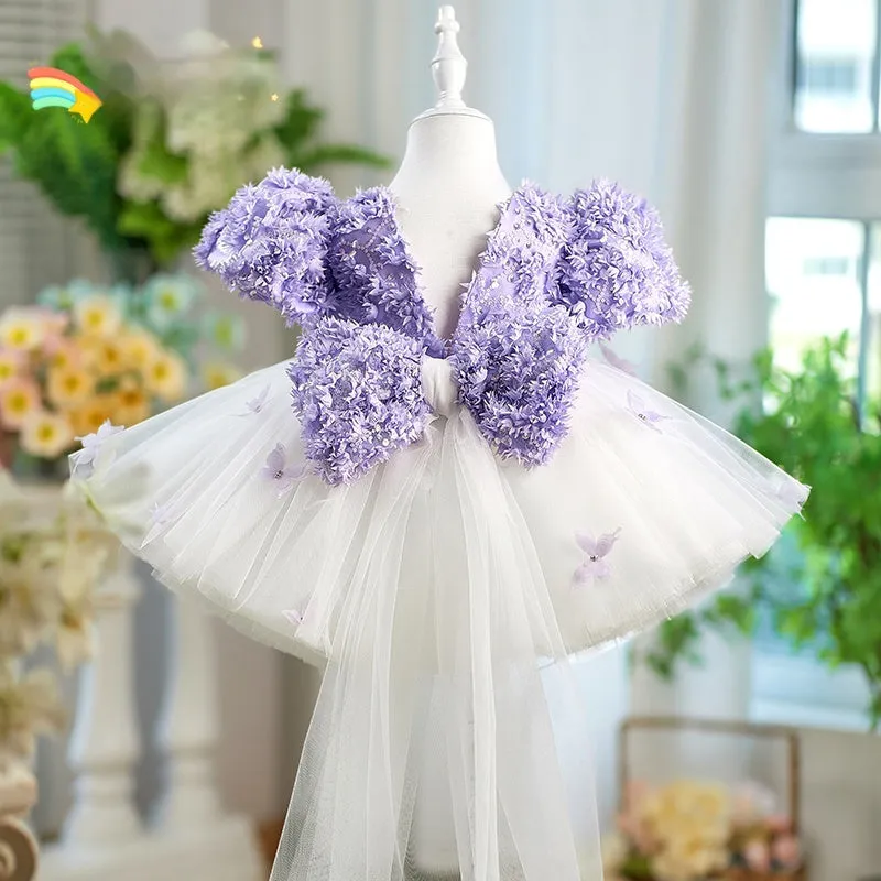 Purple girls tulle piano performance dress with sleeveless design for heights 80-160cm