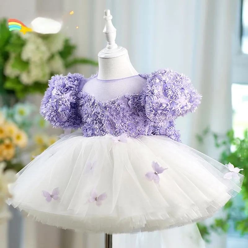 Purple girls tulle piano performance dress with sleeveless design for heights 80-160cm
