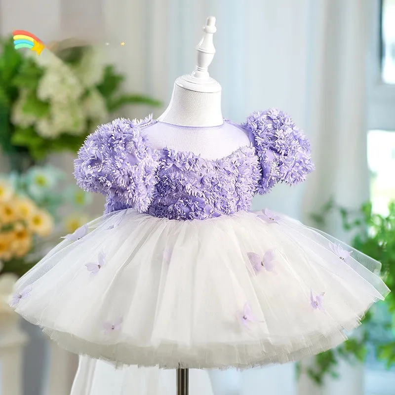 Purple girls tulle piano performance dress with sleeveless design for heights 80-160cm