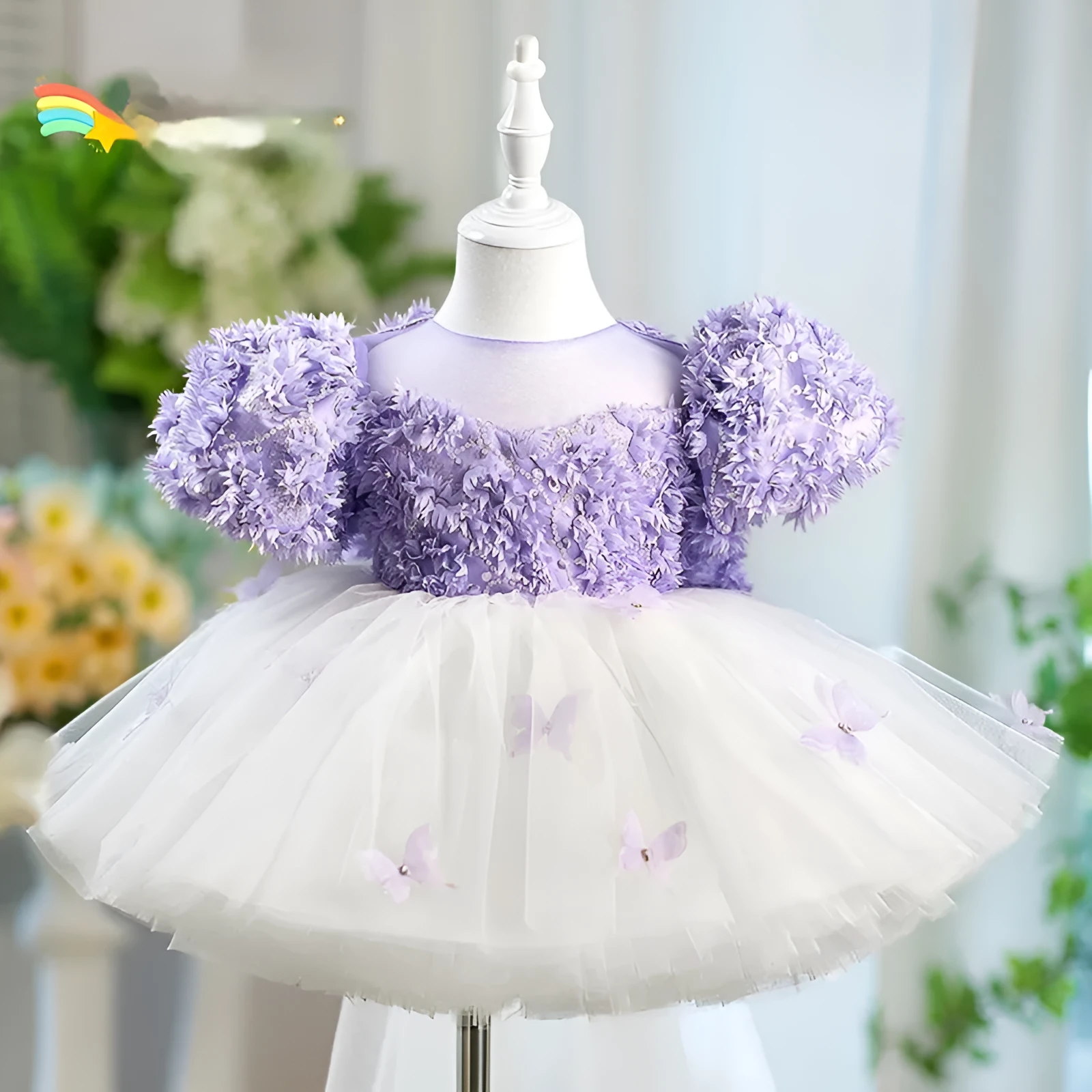 Purple girls tulle piano performance dress with sleeveless design for heights 80-160cm