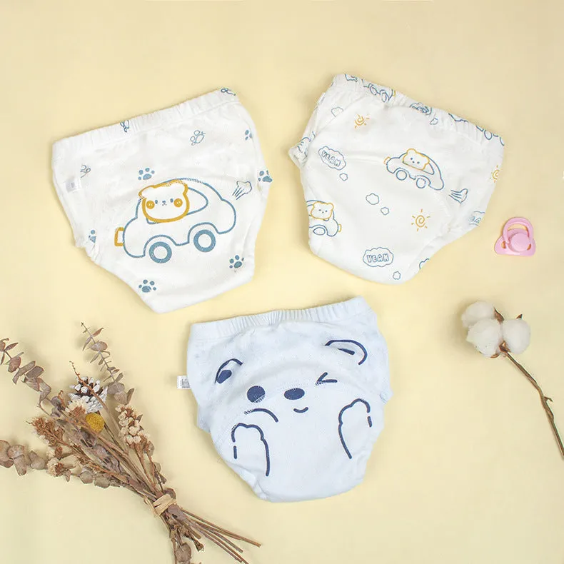 Newborn cloth diaper training pant in pure cotton gauze with waterproof outer, Bear Driving print, size 90 for babies under 9kg