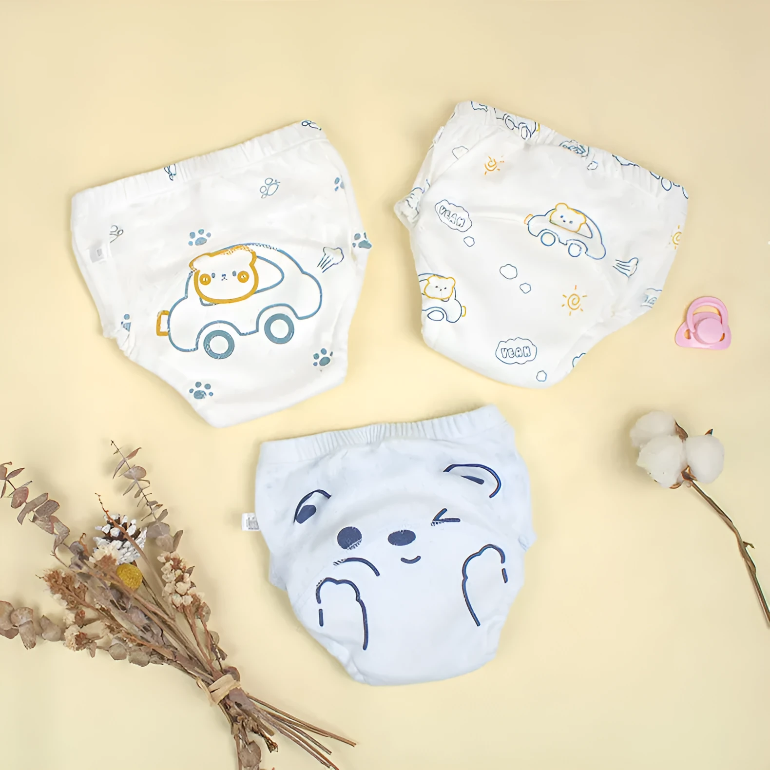 Newborn cloth diaper training pant in pure cotton gauze with waterproof outer, Bear Driving print, size 90 for babies under 9kg