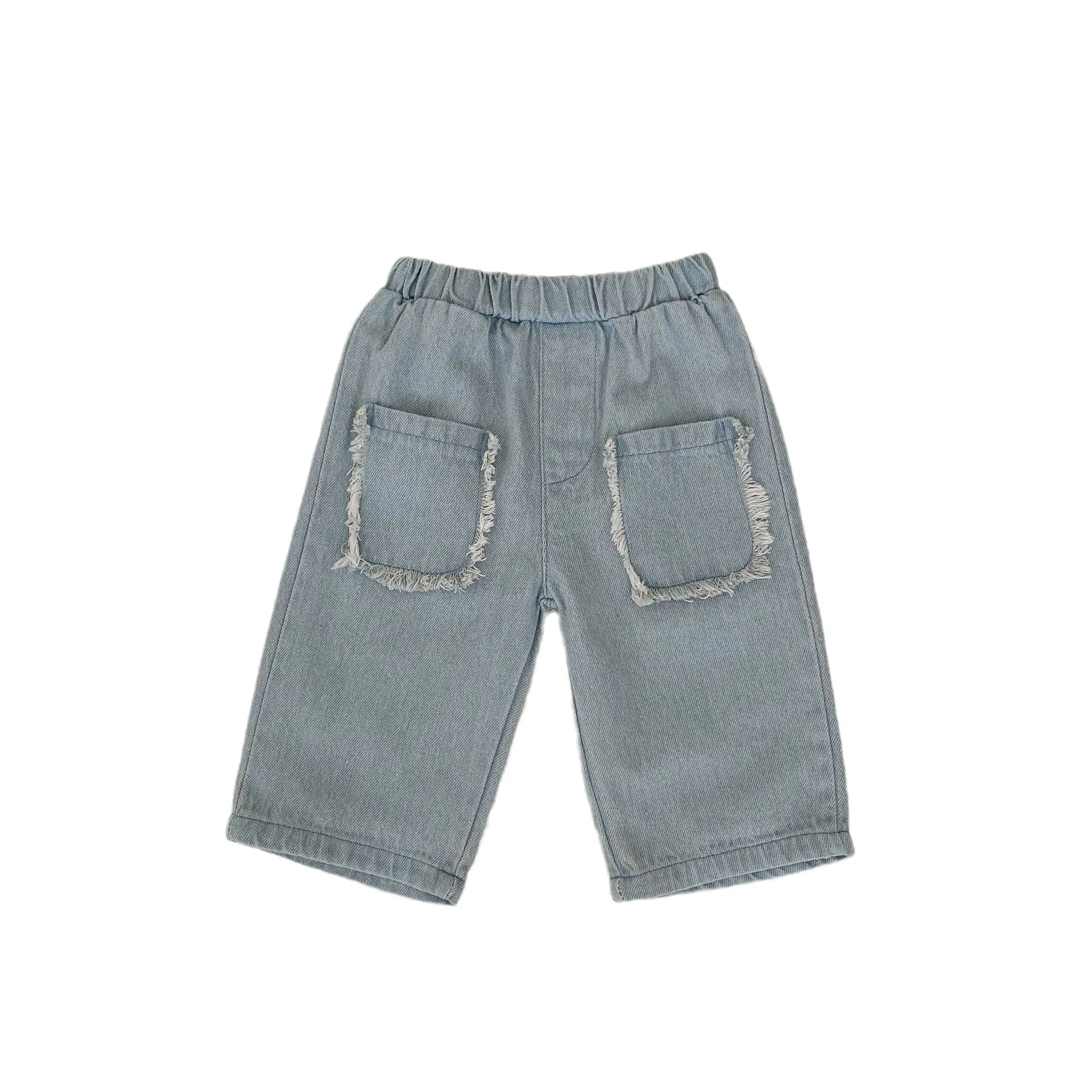 Children's cotton denim cropped pants in denim colour with burrs pocket and hairband belt