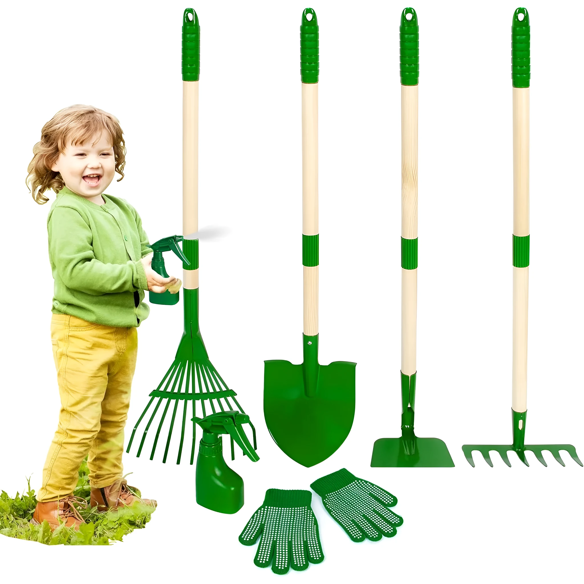 Children's 6-piece green gardening tools set with 45 steel rake and digging tools