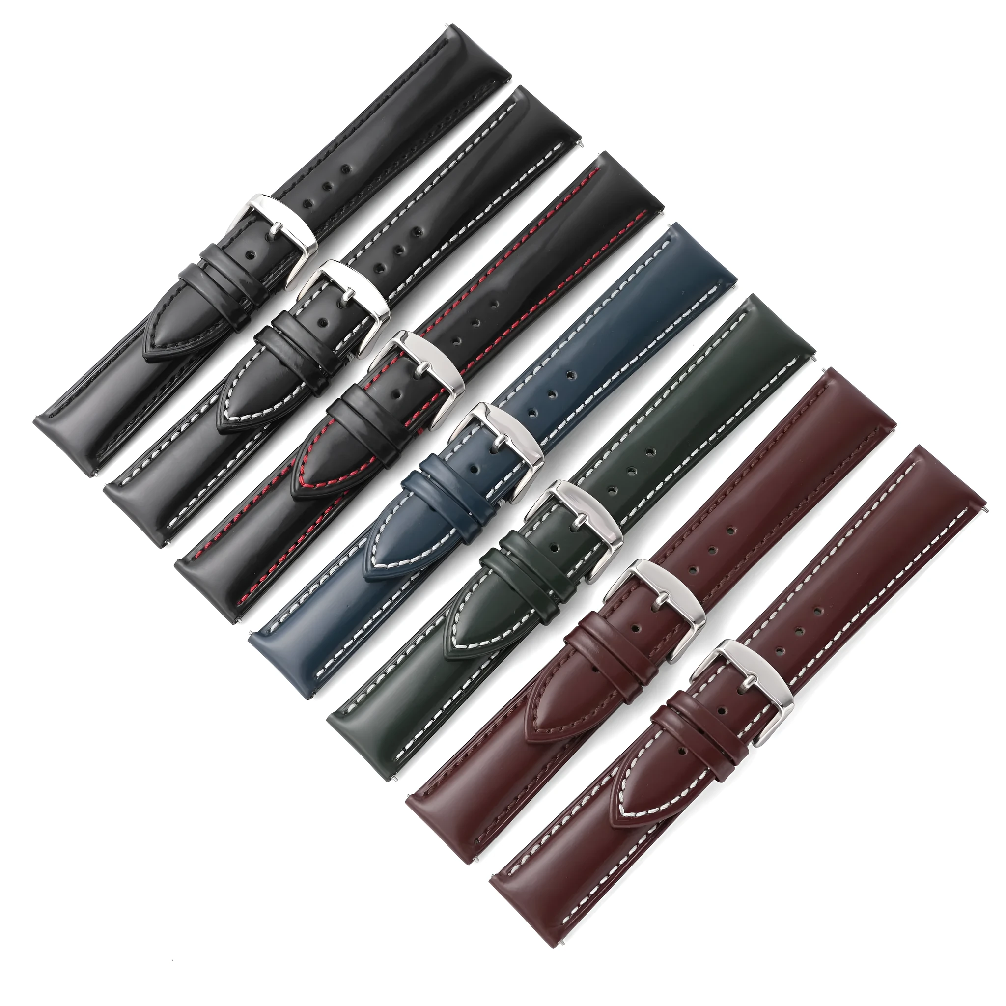 Quick release leather watch strap in black on a watch, showing the ear leather attachment and quick release tabs.