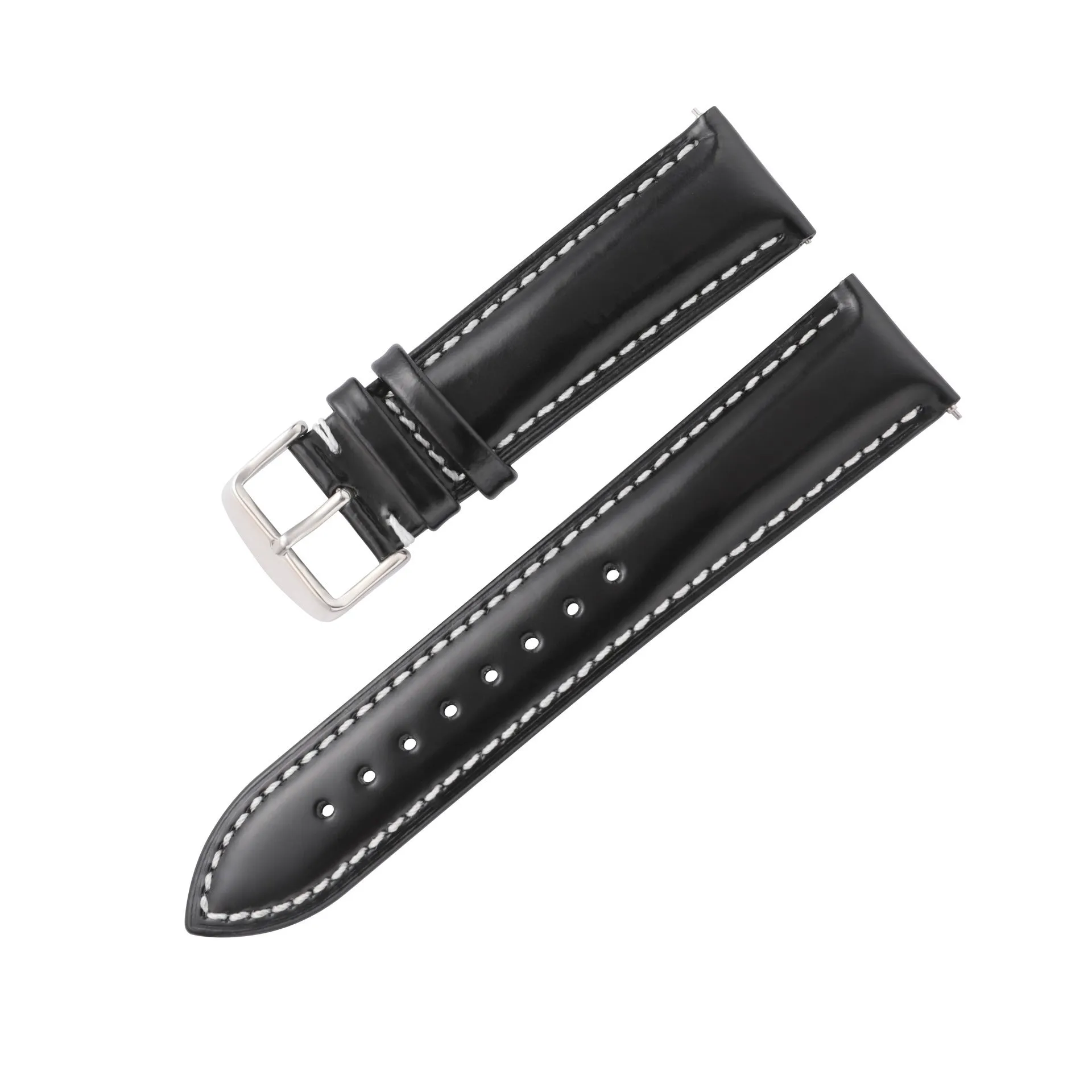 Quick release leather watch strap in black on a watch, showing the ear leather attachment and quick release tabs.