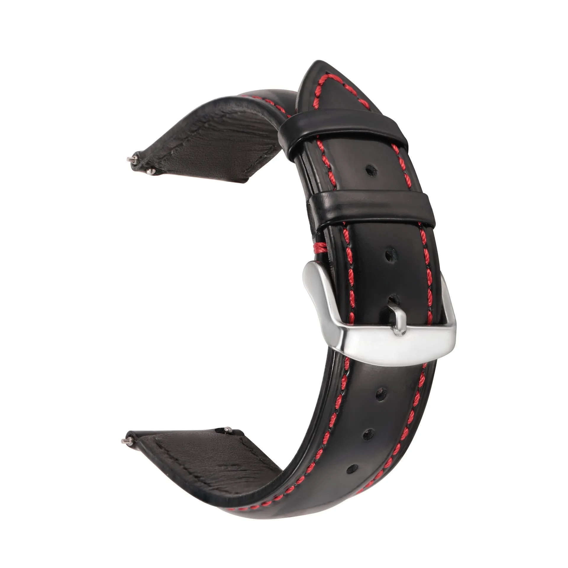 Quick release leather watch strap in black on a watch, showing the ear leather attachment and quick release tabs.