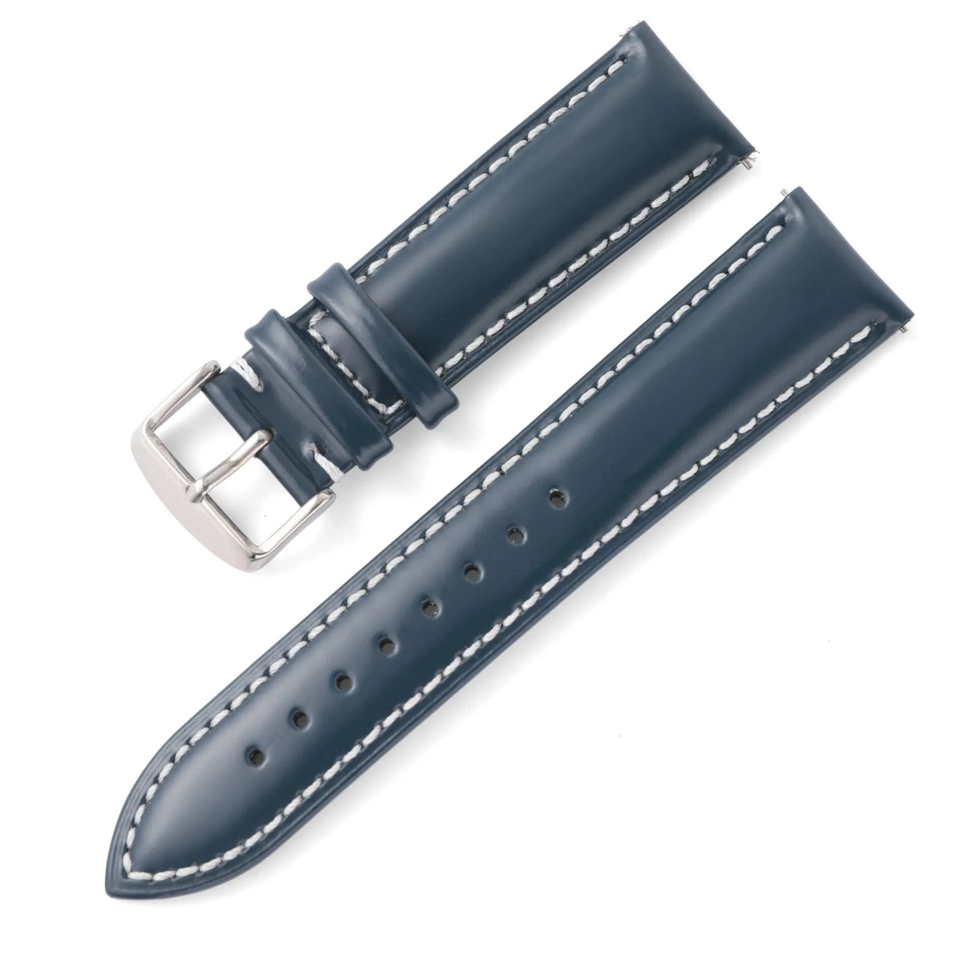 Quick release leather watch strap in black on a watch, showing the ear leather attachment and quick release tabs.