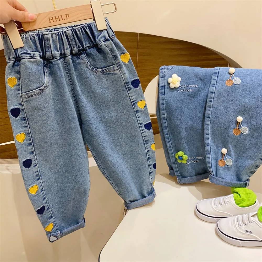 Girls Korean style harem jeans in embroidered cherry pattern, cotton denim, mid waist elastic waistband