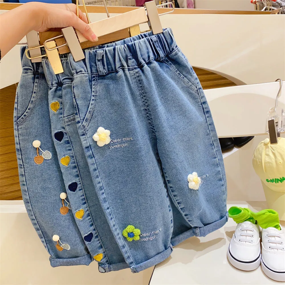 Girls Korean style harem jeans in embroidered cherry pattern, cotton denim, mid waist elastic waistband