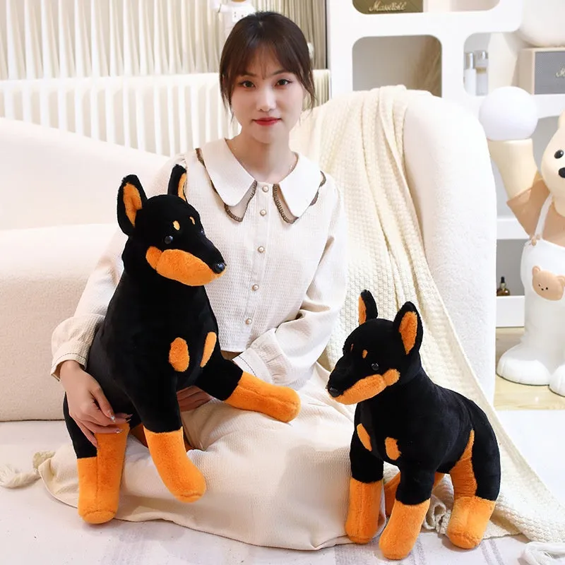 Black Doberman Pinscher plush toy with short plush surface, available in 40cm or 55cm sizes