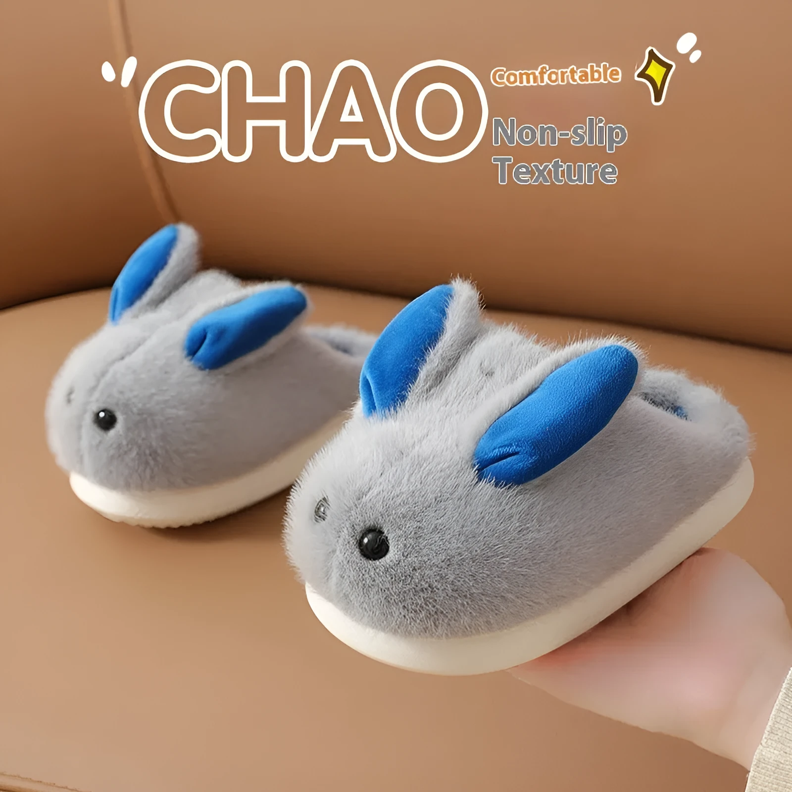 Children's cute cartoon cotton slippers with rabbit hair upper and non-slip EVA sole in solid colours