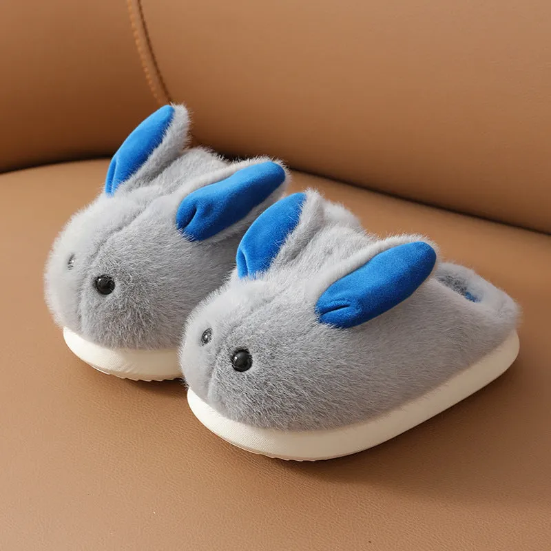 Children's cute cartoon cotton slippers with rabbit hair upper and non-slip EVA sole in solid colours
